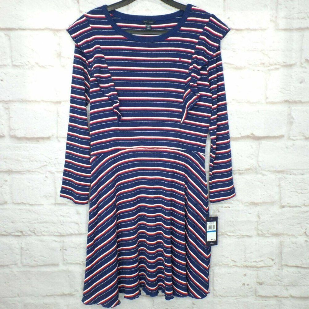 Tommy Hilfiger Girl's XL 16 Logo Striped Ribbed Knit Dress Long Sleeve Ruffled